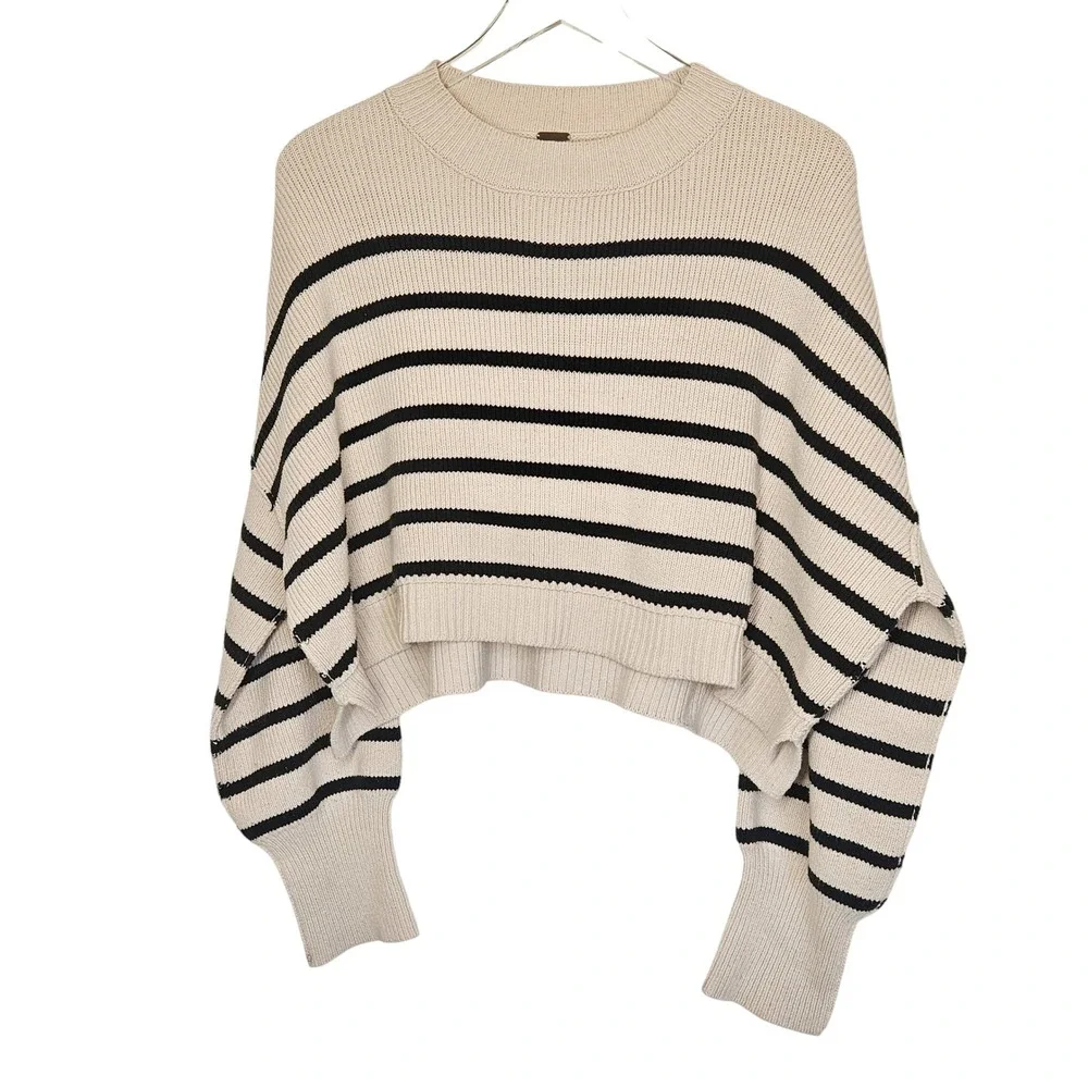 Free People Easy Street Striped Crop Sweater Cream‎ Black Knit Womens Small